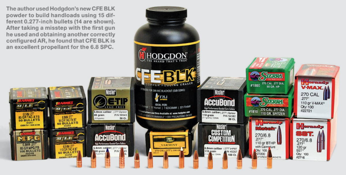 The author used Hodgdon's new CFE BLK powder to build handloads using 15 different 0.277-inch bullets (14 are shown). After taking a misstep with the first gun he used and obtaining another correctly configured AR, he found that CFE BLK is an excellent propellant for the 6.8 SPC.