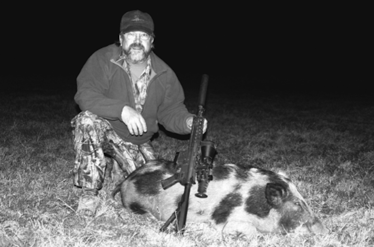 This Texas boar fell to a single Barnes 95-grain TTSX from a Wilson Combat AR-15 in 6.8 SPC, but many feral pigs are taken with deer rifles like the 7x57 Mauser Kilimanjaro Walkabout rifle (below).