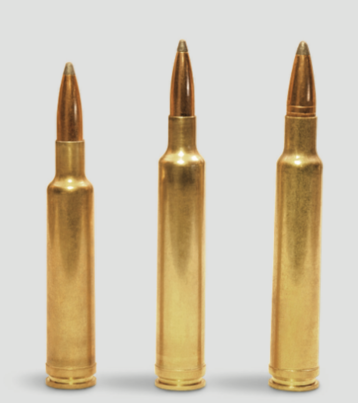 Unlike Roy Weatherby's first belted cartridge, the 270 Weatherby Magnum (left), which is based on a 30-06-length case, the new 6.5-300 Weatherby Magnum (center) is based on the longer 300 Weatherby Magnum case (right).