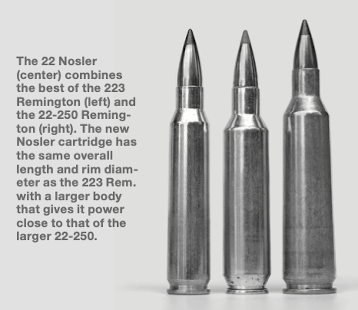 The 22 Nosler combines the best of the 223 Remington and the 22-250 Remington.
