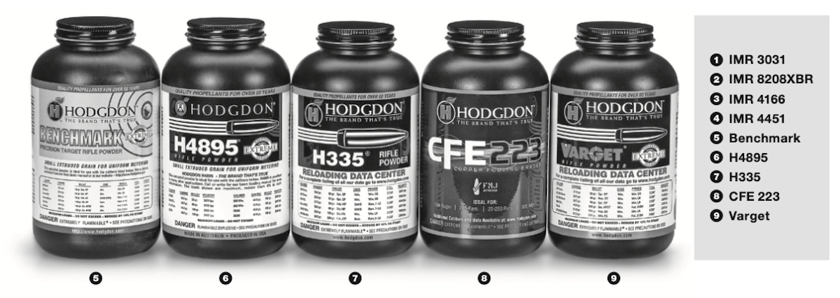 While all powders tried worked well in the 22 Nosler, these nine powders will cover the bulk of loading all bullet weights.