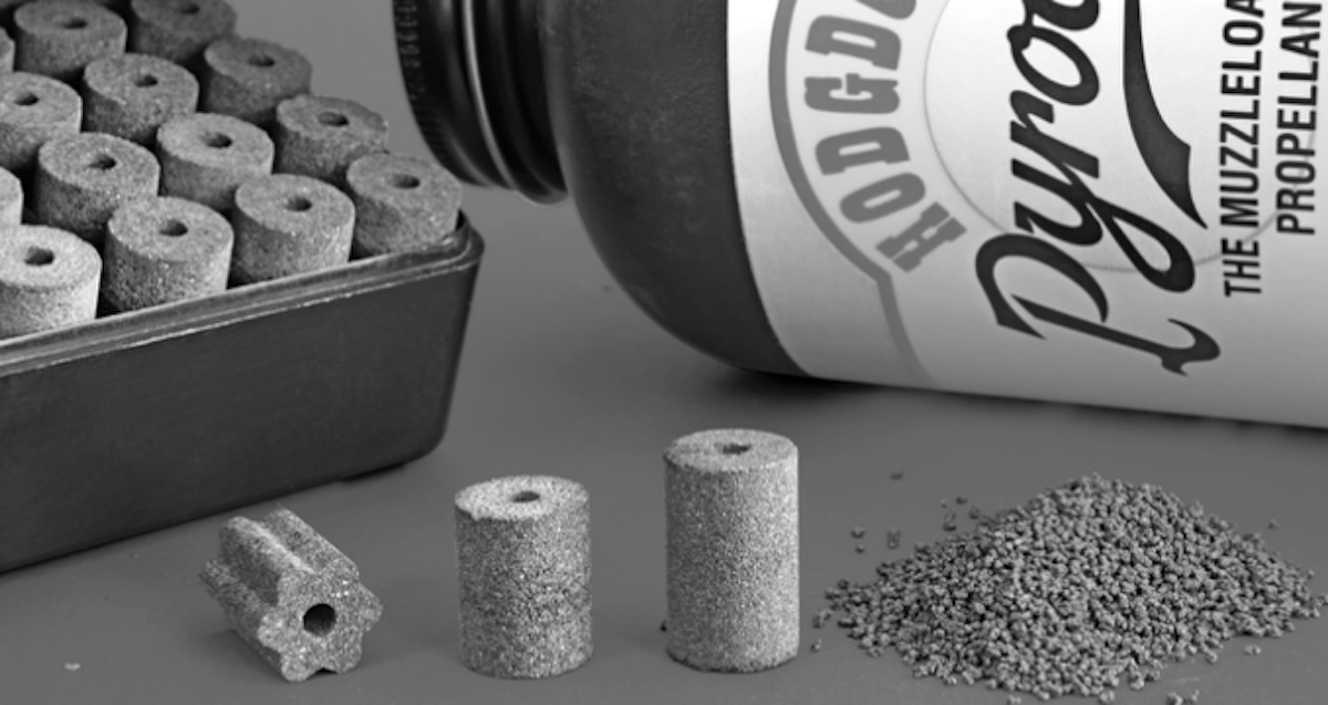FireStar (left) is TripleSeven (center left) in another form. Granular then pelleted Pyrodex preceded them. All are cleaner-burning black powder substitutes.