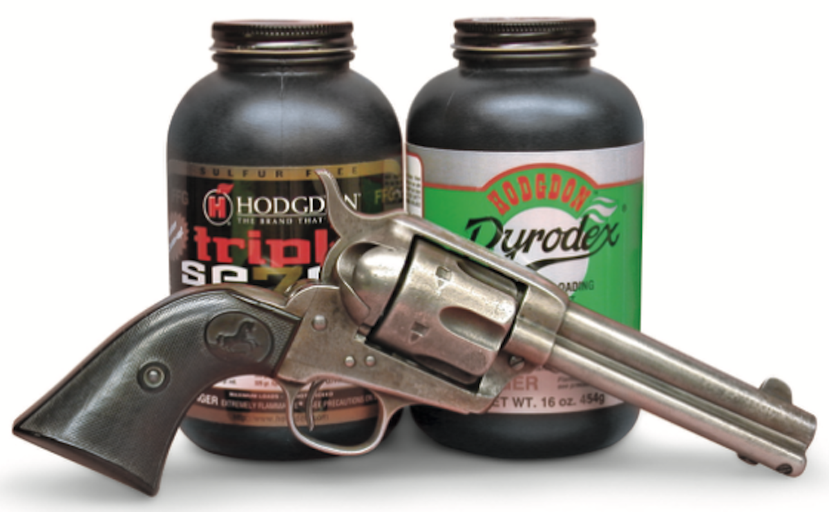The 45 Colt cartridge was originally loaded with black powder. Hodgdon TripleSeven and Pyrodex black powder substitute propellants can be used in black powder sixguns.