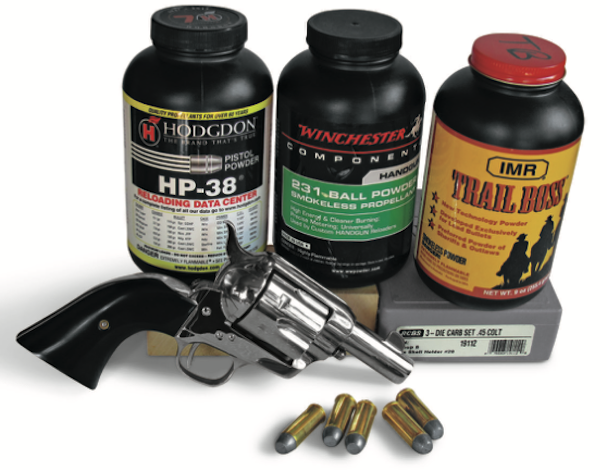 Great smokeless powders for Standard level 45 Colt handloads include HP-38, W231, and Trail Boss.