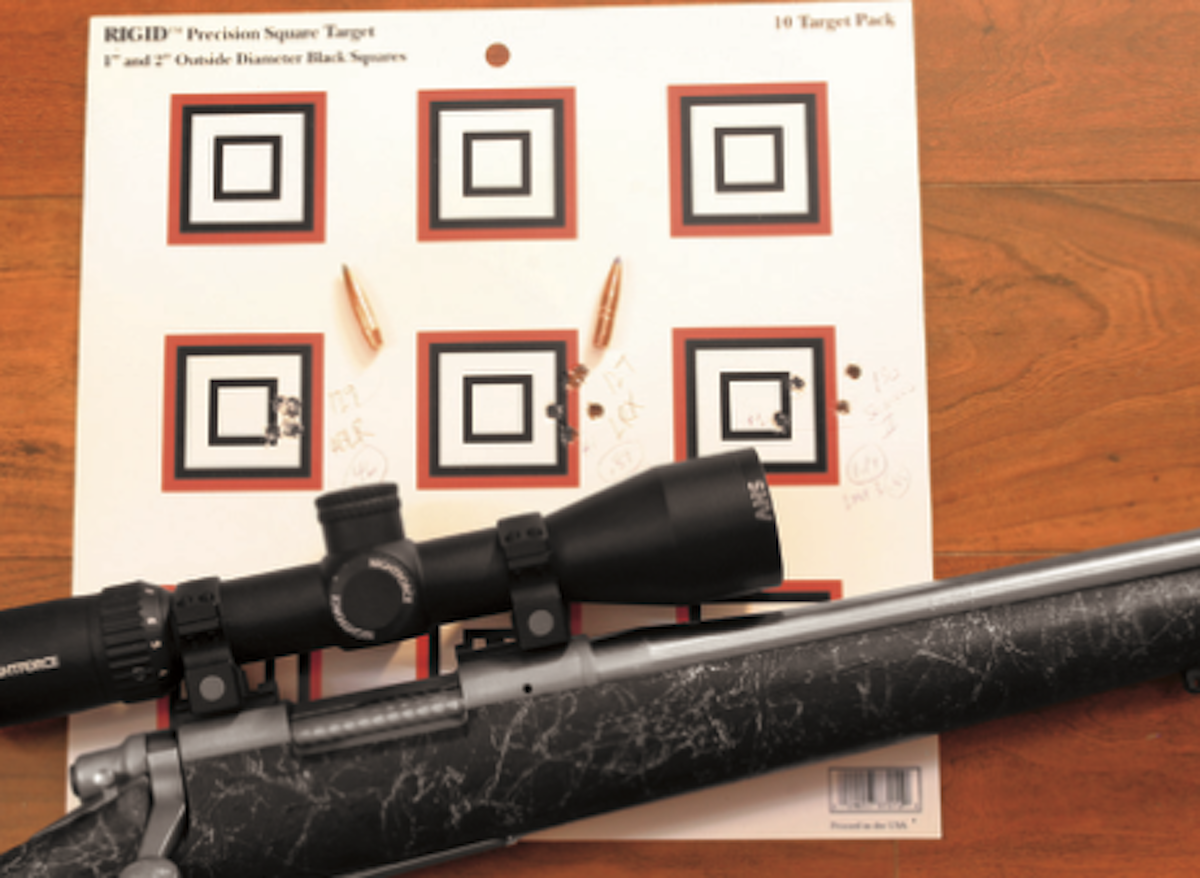With 60.5 grains of Retumbo, the Nosler 129-grain AccuBond turned in the smallest five-shot group (left), and the Barnes 127-grain LRX (middle target) shot great as well.
