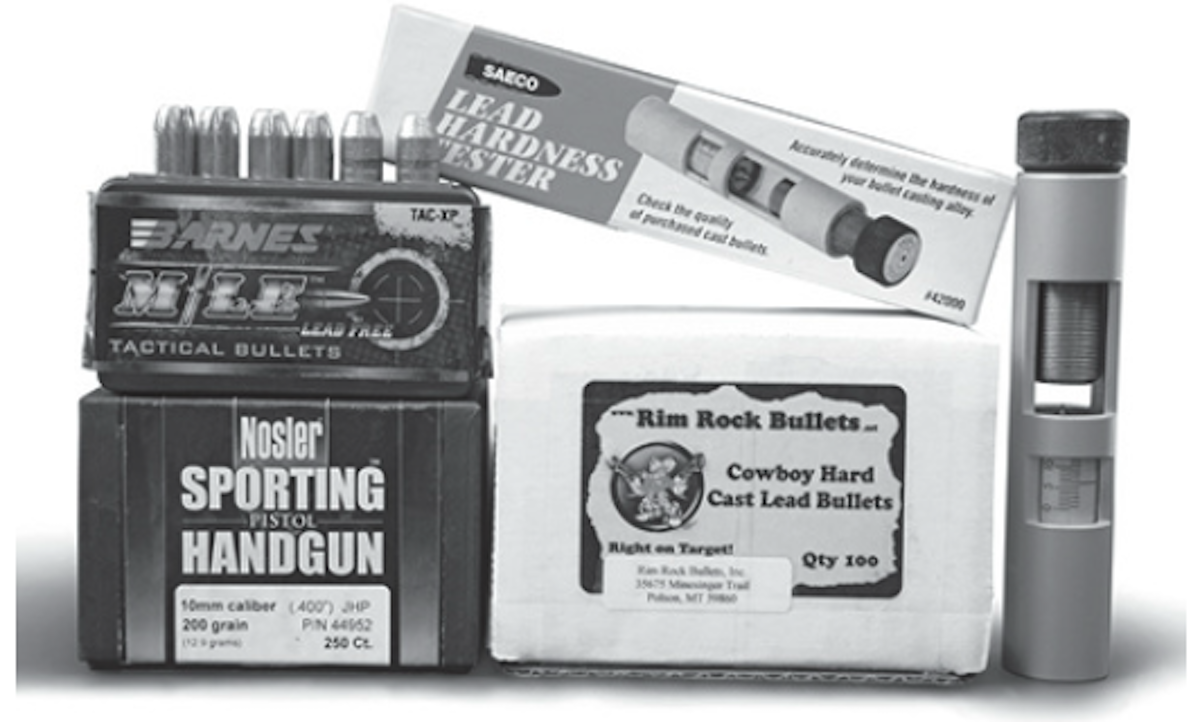 Three types of bullets are commonly available for the 10mm Auto, including monolithic expanding (Barnes), jacketed lead core (Nosler), and hard-cast (Rim Rock).