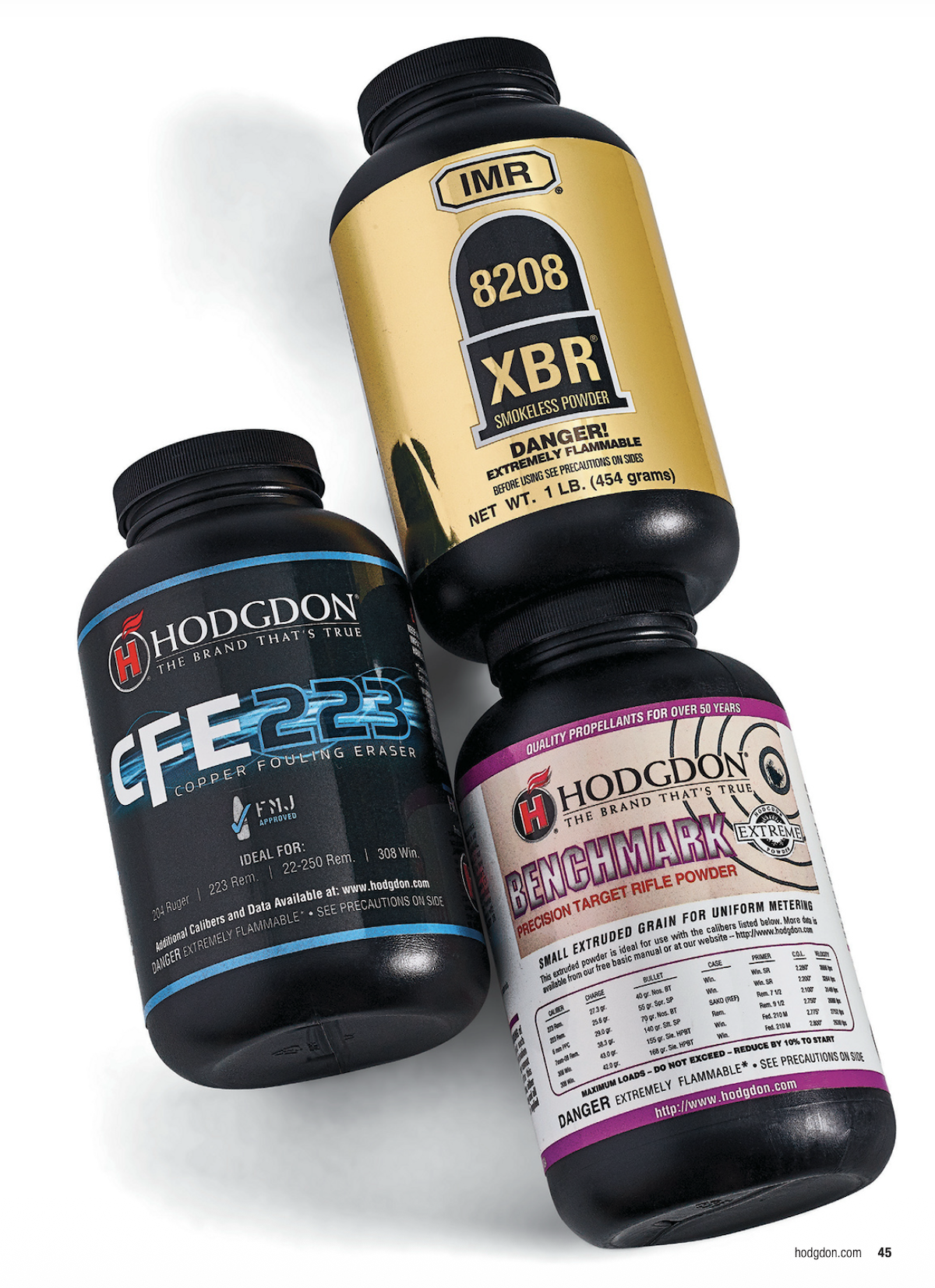 Hodgdon CFE 223, IMR 8208 XBR, and Hodgdon Benchmark powders