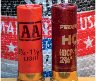 Shells loaded with different shot charge weights are quickly identified by using cases of different colors. For example, the handloaded red shell shown here has an
ounce of shot (even though the hull was
factory marked 11⁄8 ounces), while the
handloaded burgundy shell contains 11⁄8
ounces of shot.